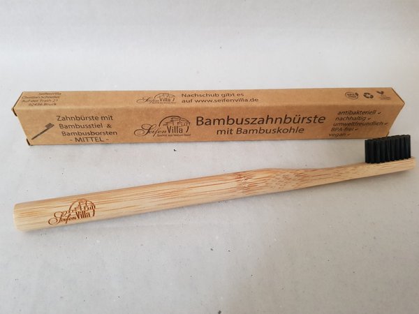 Bambus Zahnbürste mit Bambuskohle MITTEL, 100 % Natur und vegan, umweltfreundlich, kompostierbar