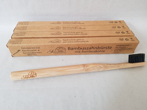 4x Bambus Zahnbürste mit Bambuskohle MITTEL, 100 % Natur und vegan, umweltfreundlich, kompostierbar