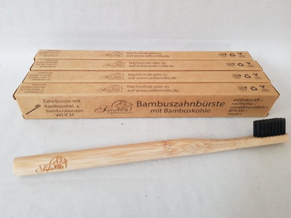 4x Bambus Zahnbürste mit Bambuskohle WEICH, 100 % Natur und vegan, umweltfreundlich, kompostierbar